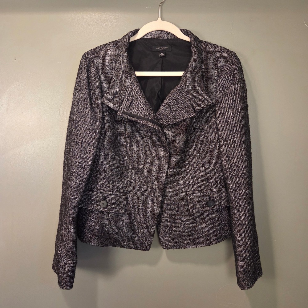 Ann Taylor Wool Blend Tweed Blazer Jacket Size 10 Black White Office Classic